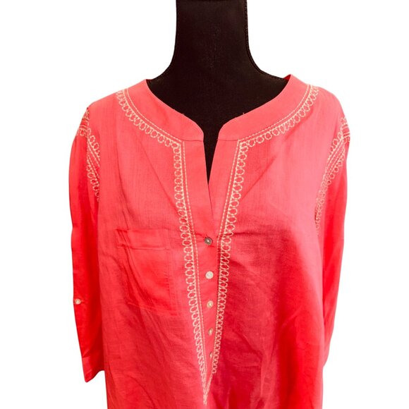 Intro Coral Embroidered Tunic Top Casual Elegance L 100% Cotton Resort Travel - Picture 3 of 11
